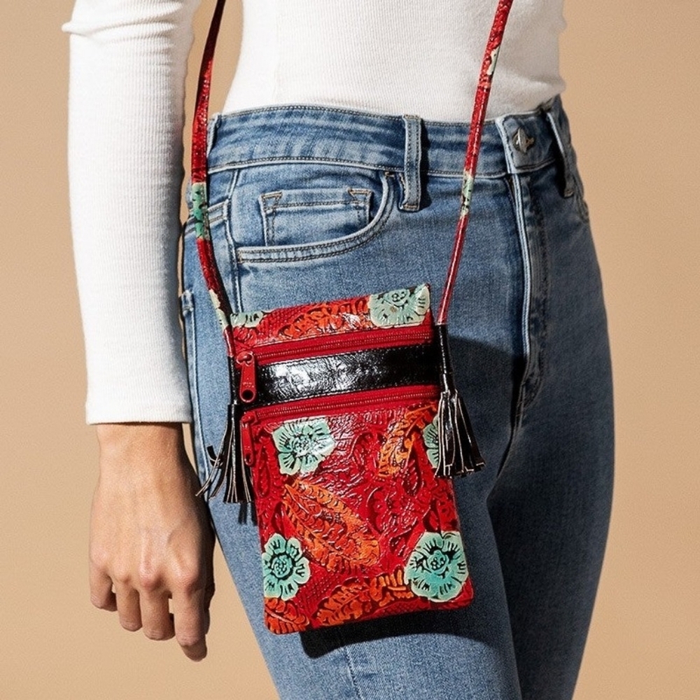 Cellphone Crossbody Bag Vibrant Artisan Hand-Painted & Embossed Genuine Leather - Picture 5 of 7